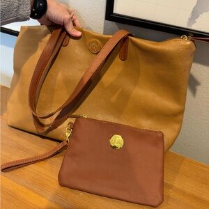 Joy Mangano 100% Leather Tote Bag Purse + Matching Cosmetic Bag Accessory